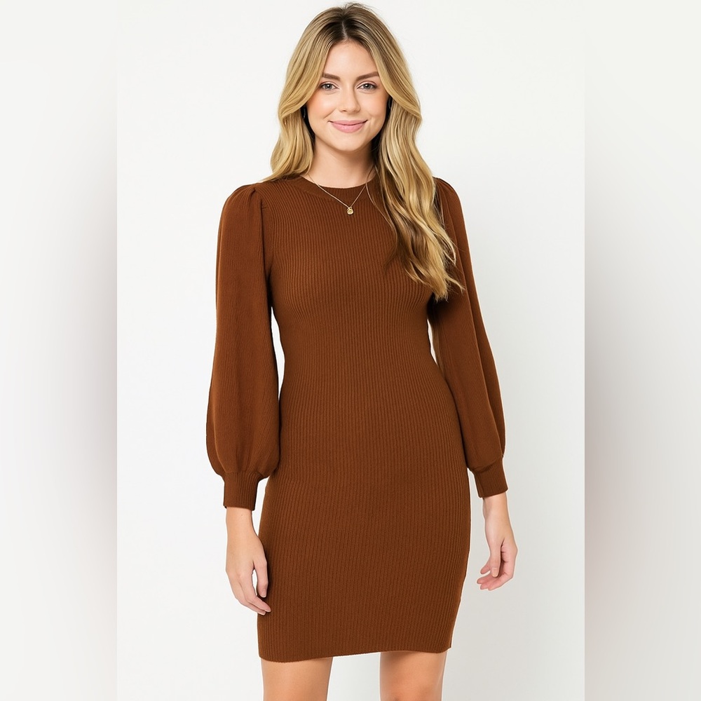Hyfve brown puffer sleeves sweater dress size large ladies cute‎ modest